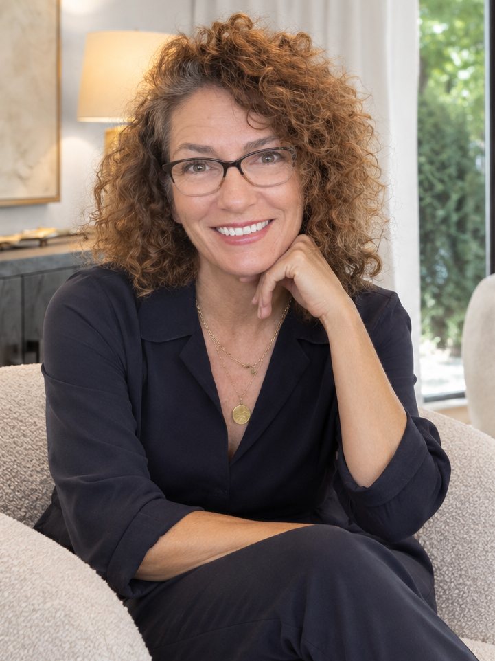 Tanya smiling in a cream armchair, chin resting on her hand.