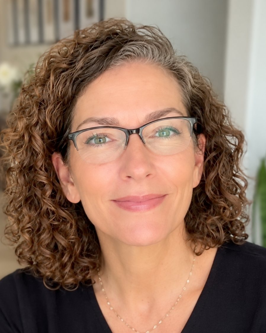 Close portrait of Tanya, smiling, with curly hair and glasses.