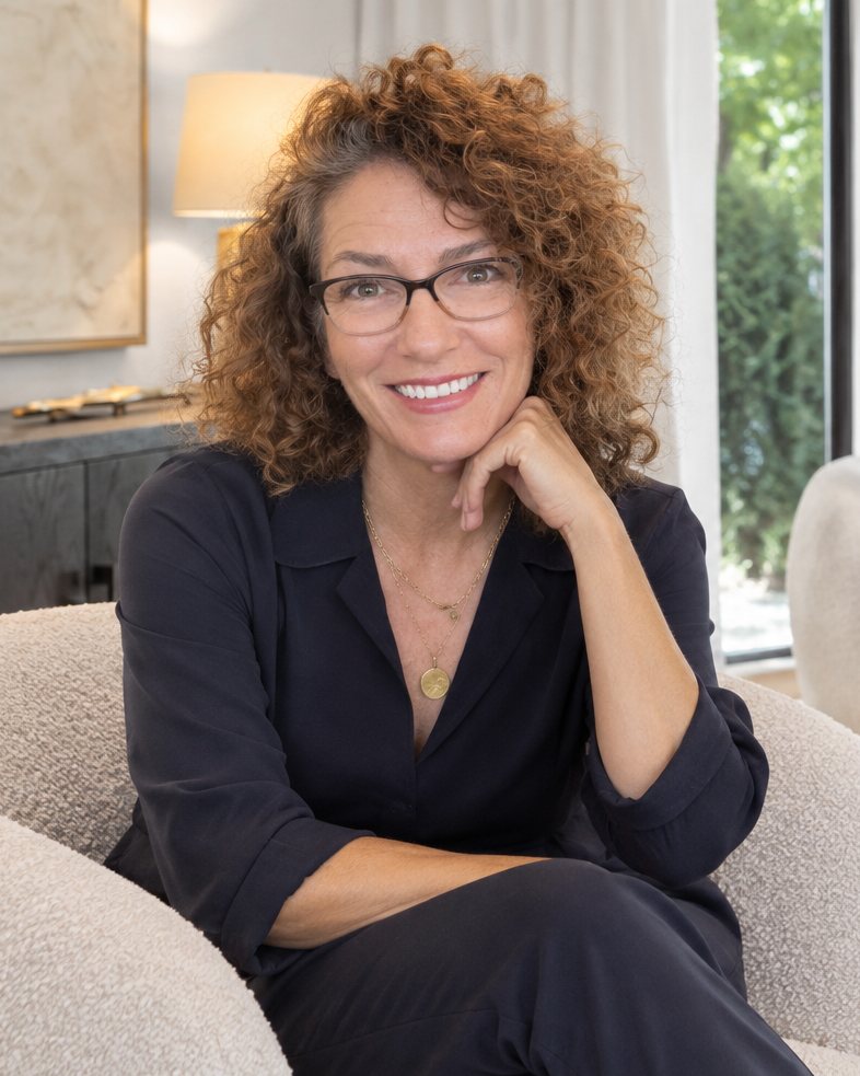 Tanya smiling in a cream armchair, chin resting on her hand.